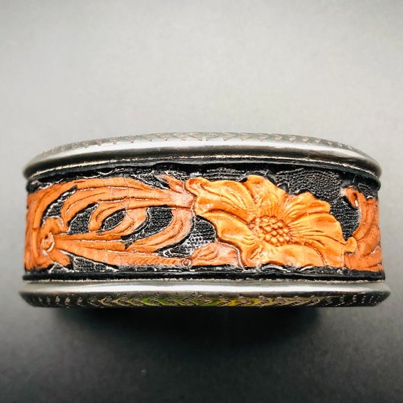 Vtg Peyote Bird Designer Tooled Leather Cuff Bracelet, Sterling Silver, 40.4 Gm - Picture 2 of 15